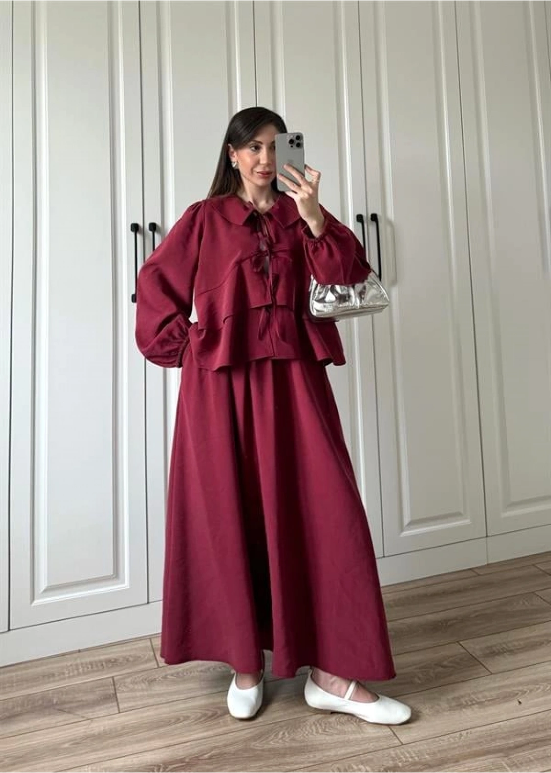 Bebe Yaka Tasarım Bordo Modal Etekli Takım