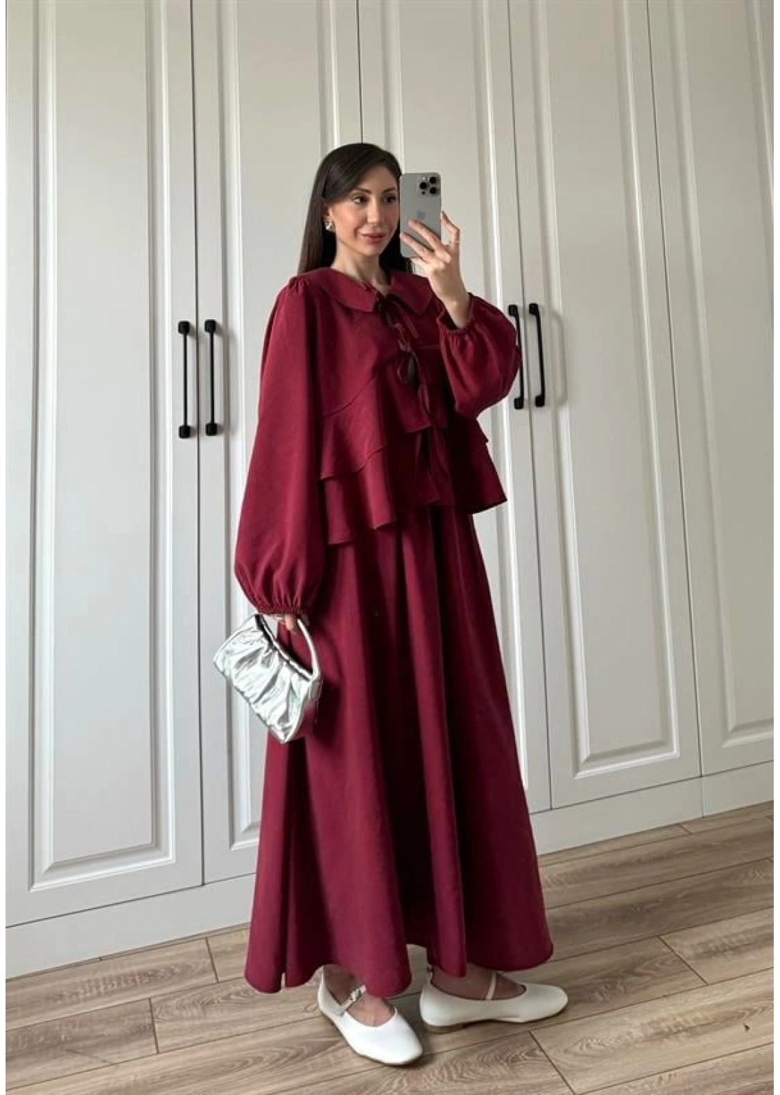 Bebe Yaka Tasarım Bordo Modal Etekli Takım