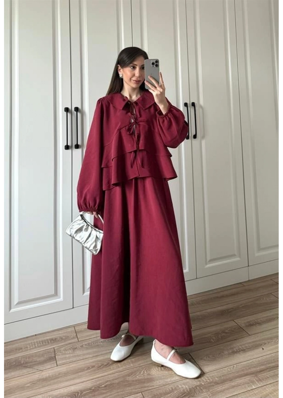 Bebe Yaka Tasarım Bordo Modal Etekli Takım