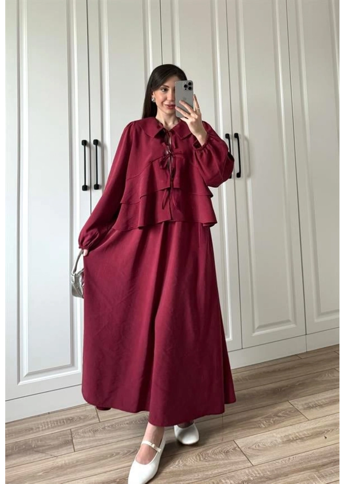 Bebe Yaka Tasarım Bordo Modal Etekli Takım