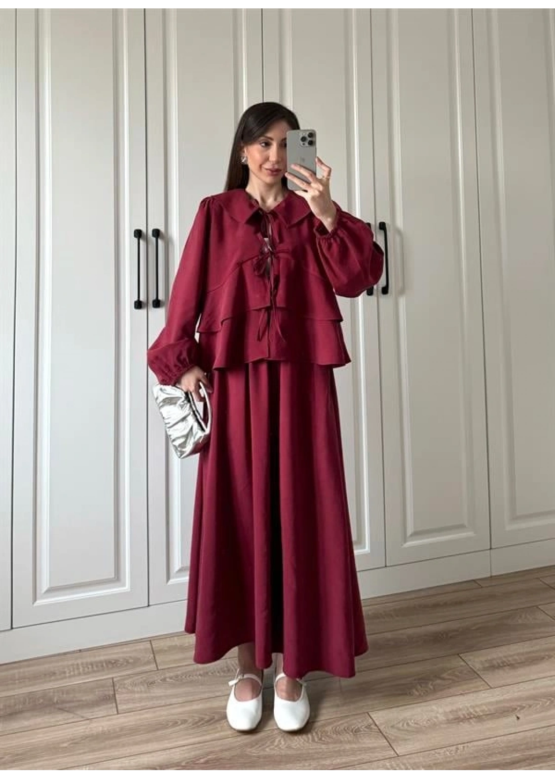Bebe Yaka Tasarım Bordo Modal Etekli Takım