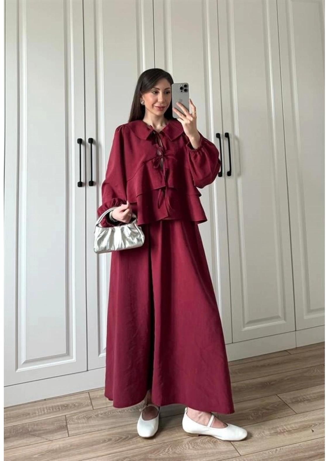 Bebe Yaka Tasarım Bordo Modal Etekli Takım