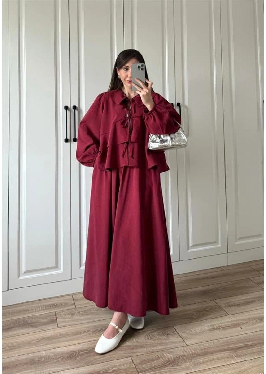 Bebe Yaka Tasarım Bordo Modal Etekli Takım
