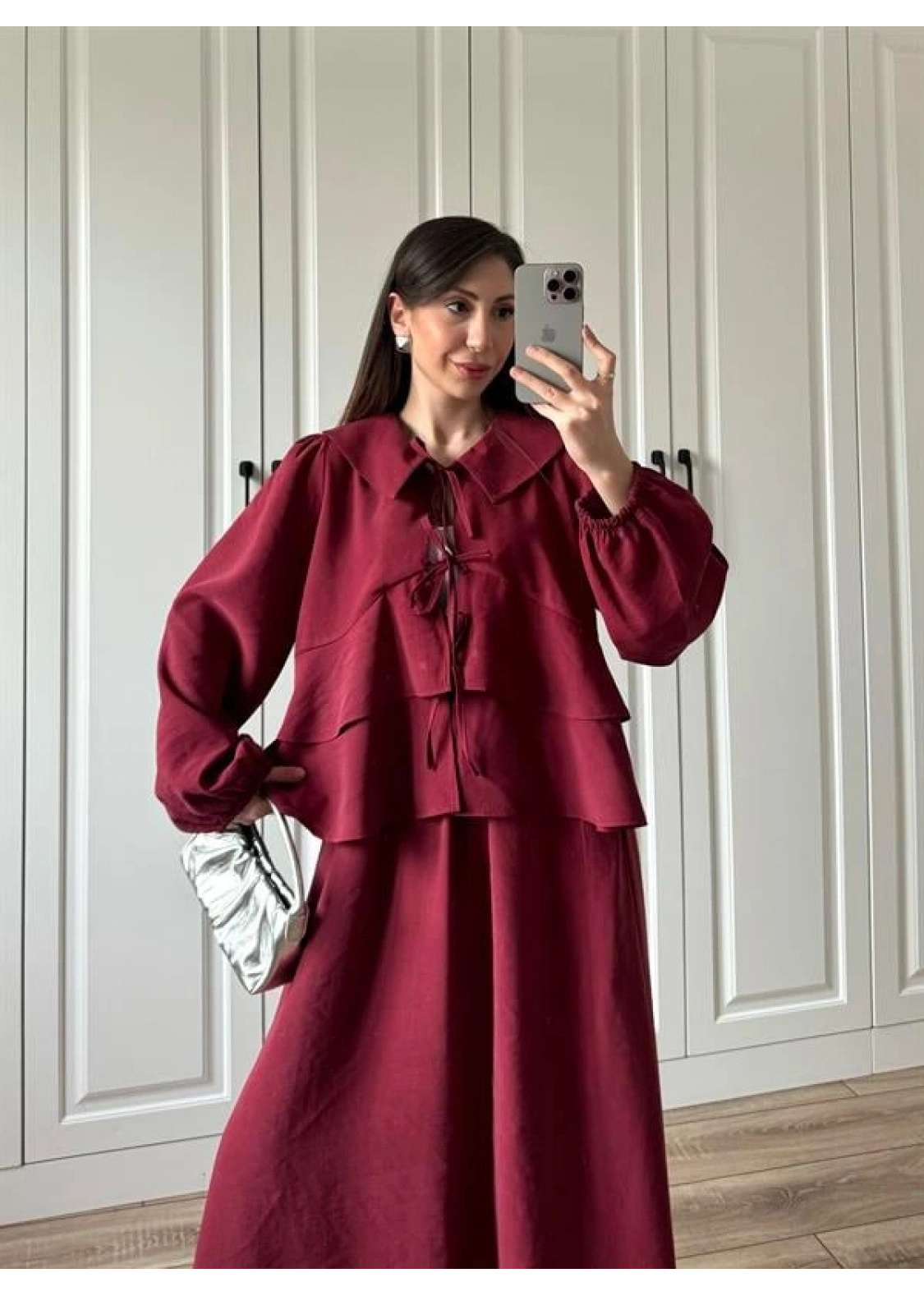 Bebe Yaka Tasarım Bordo Modal Etekli Takım