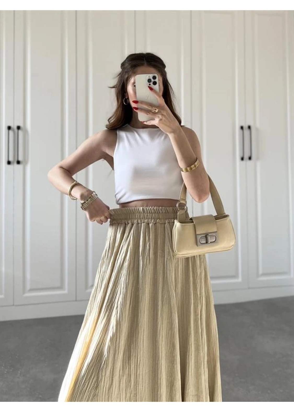 Bej Krinkıl Gofre Astarlı Etek