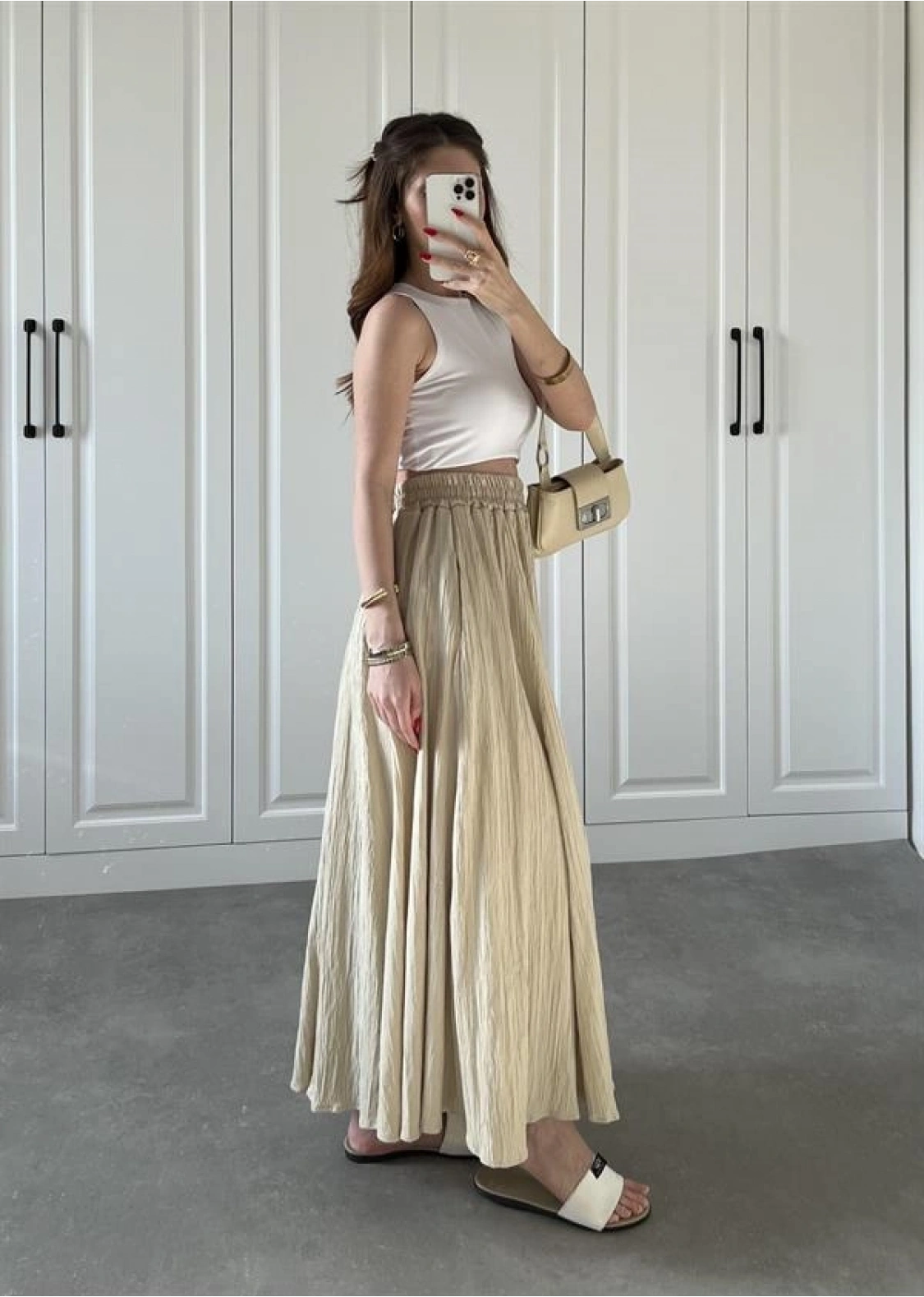 Bej Krinkıl Gofre Astarlı Etek