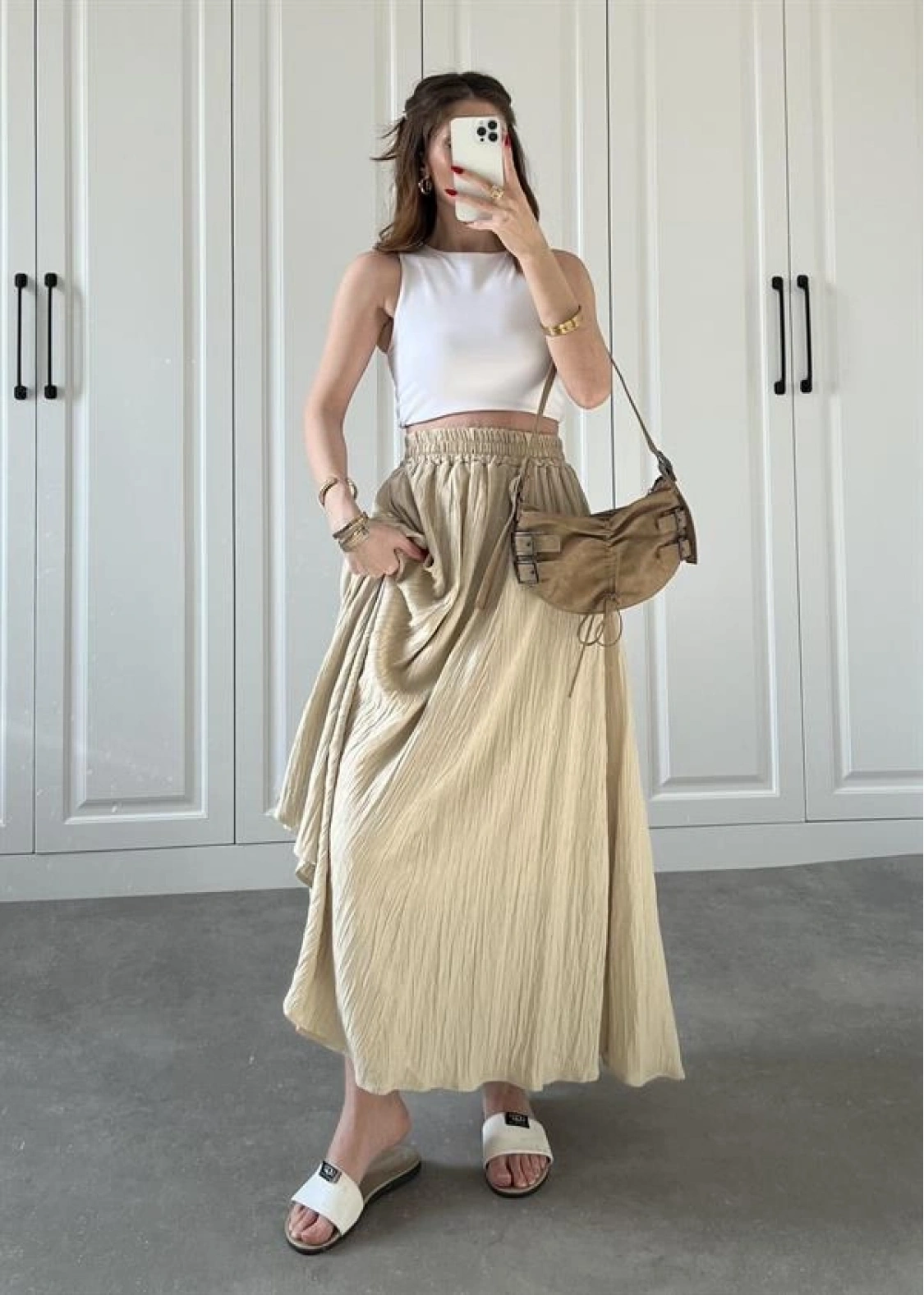 Bej Krinkıl Gofre Astarlı Etek