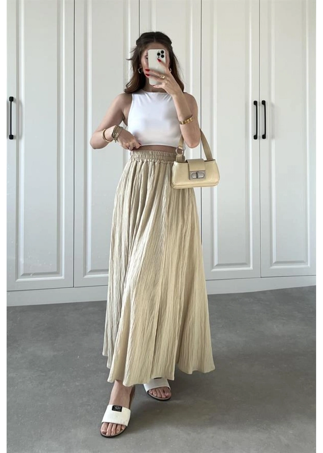 Bej Krinkıl Gofre Astarlı Etek