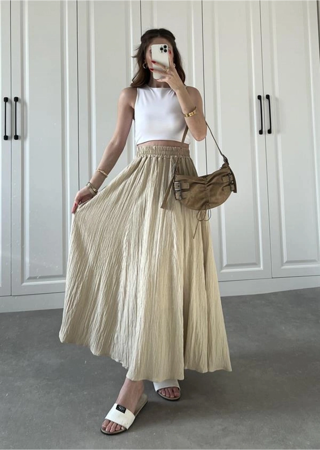 Bej Krinkıl Gofre Astarlı Etek