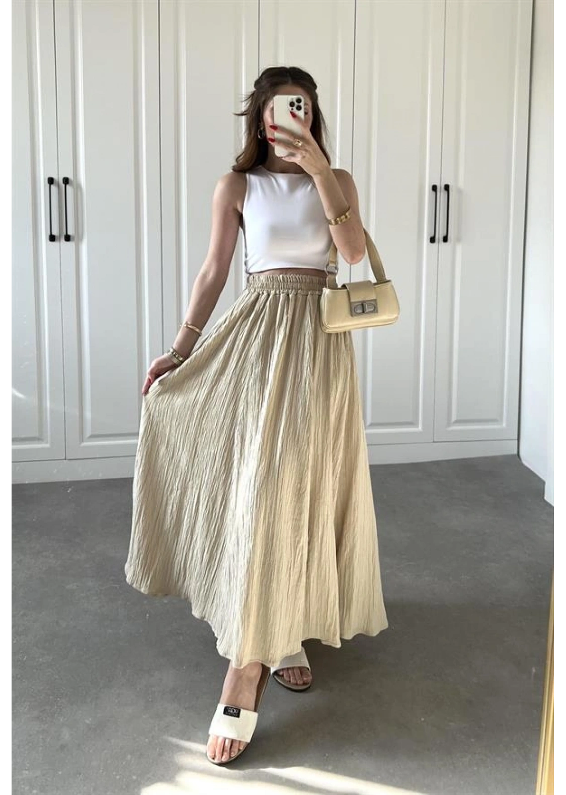 Bej Krinkıl Gofre Astarlı Etek