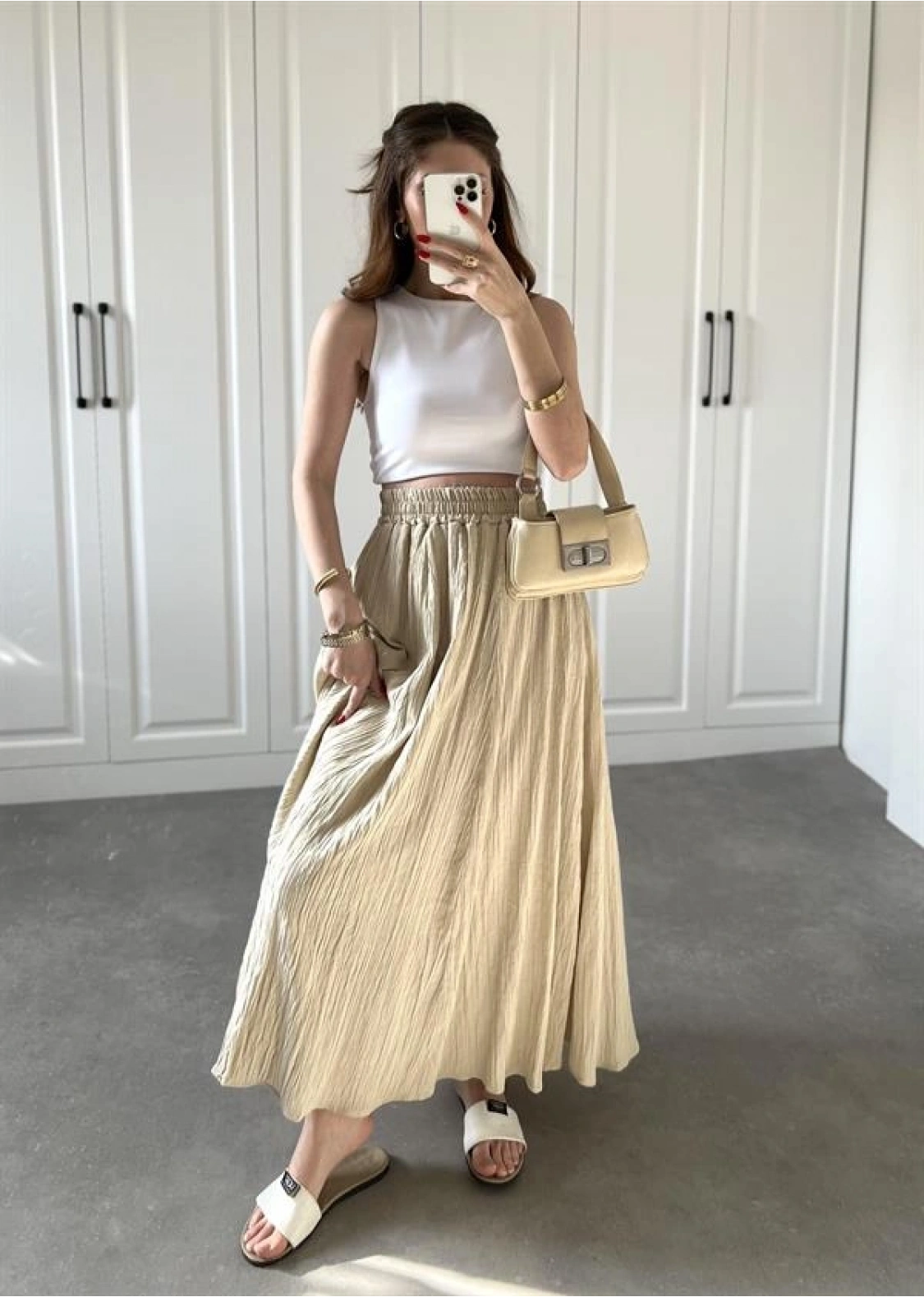 Bej Krinkıl Gofre Astarlı Etek