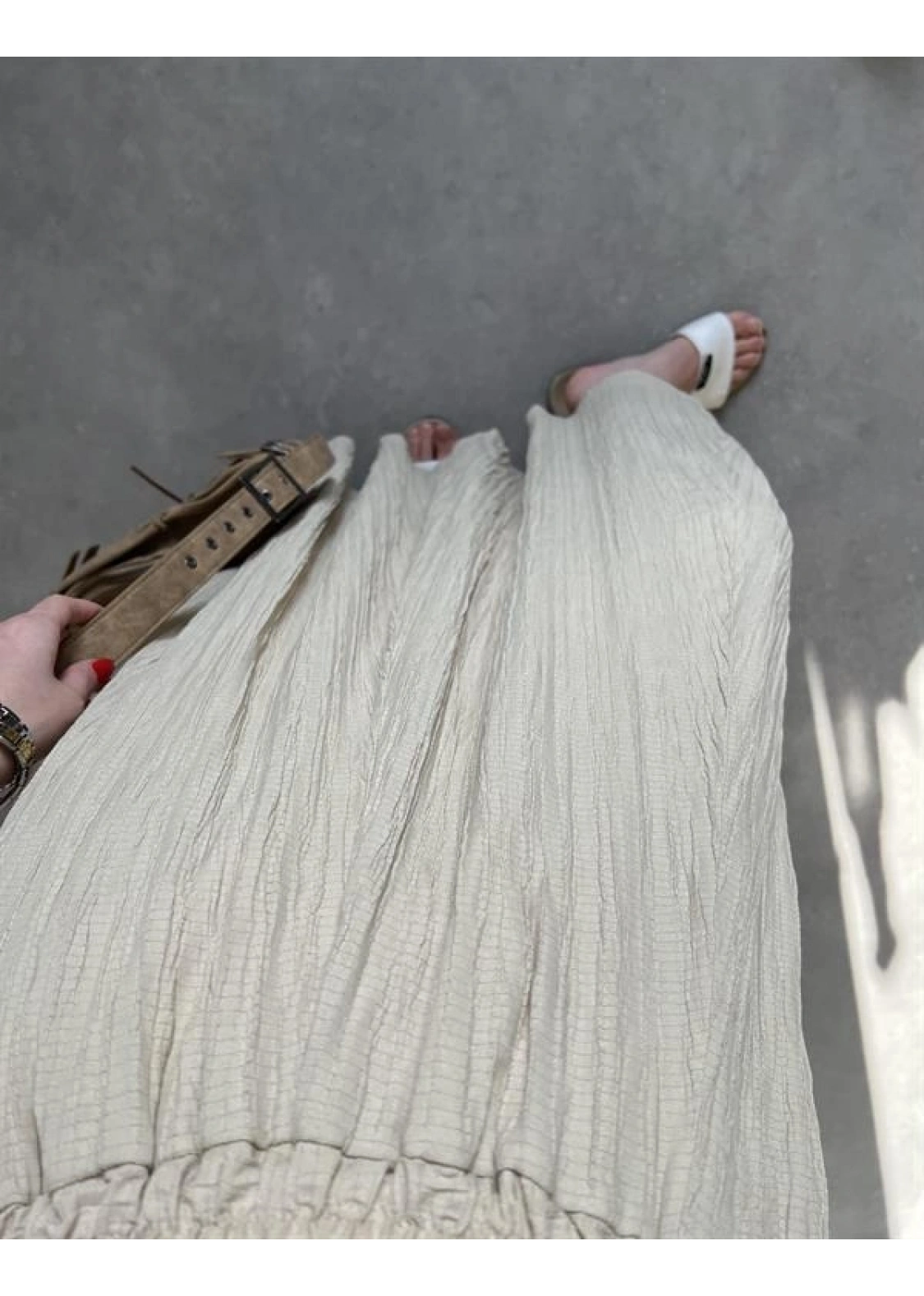 Bej Krinkıl Gofre Astarlı Etek