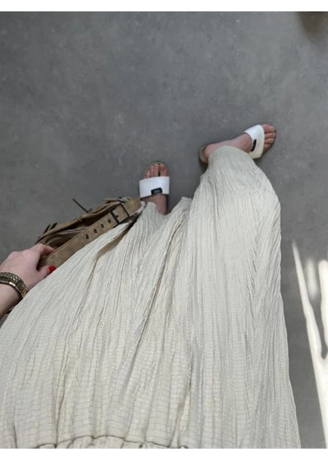 Bej Krinkıl Gofre Astarlı Etek