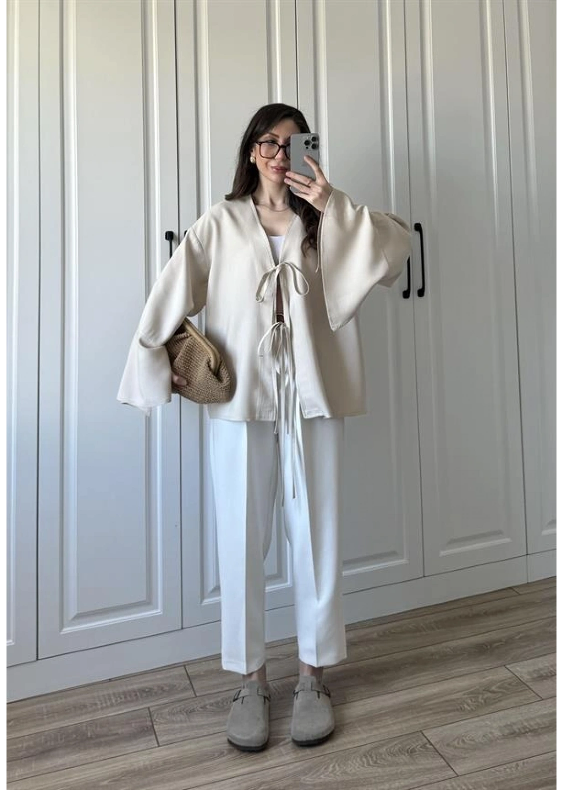 Bela Önü Bağlamalı Tasarım Kol Taş Kimono