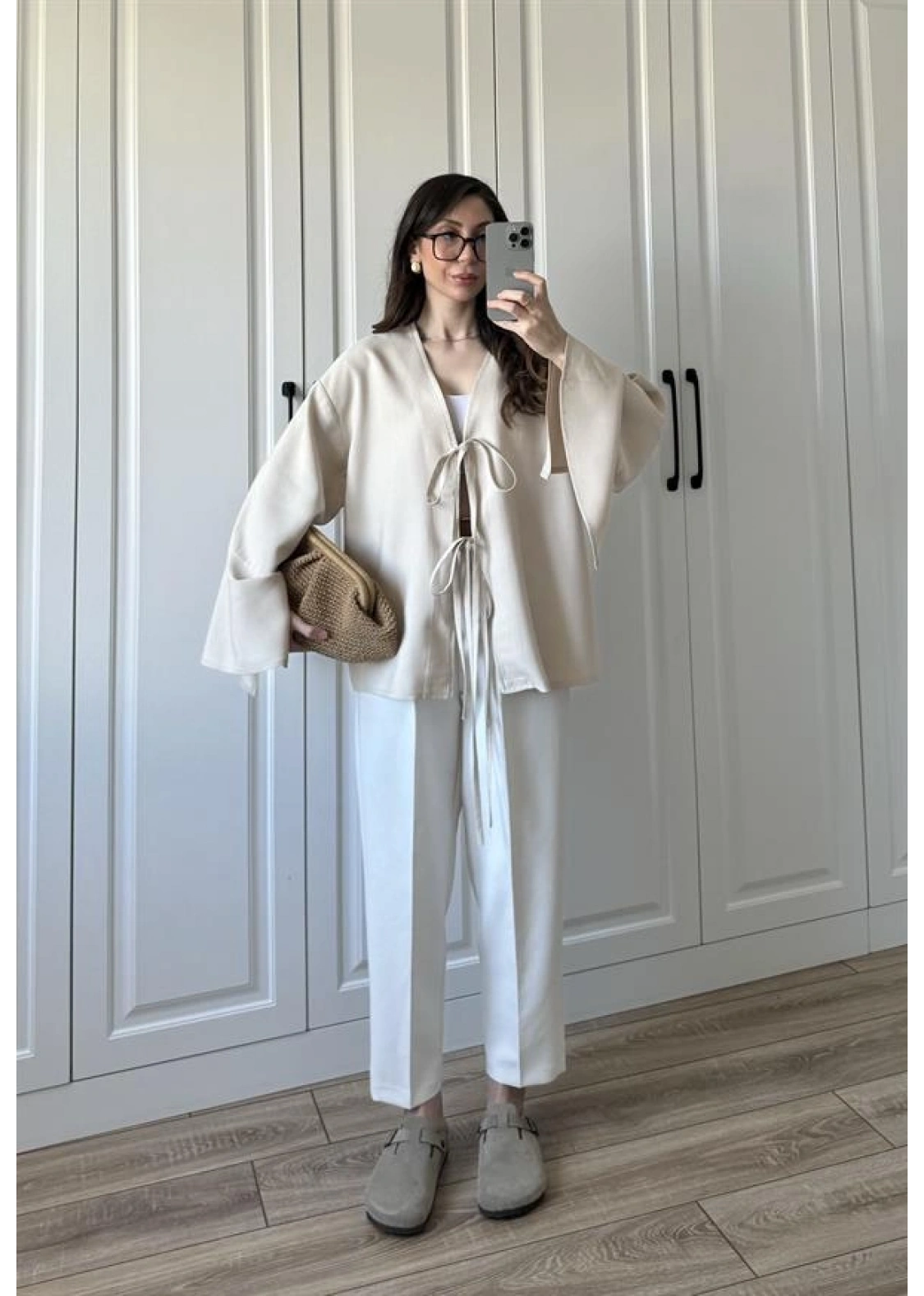 Bela Önü Bağlamalı Tasarım Kol Taş Kimono