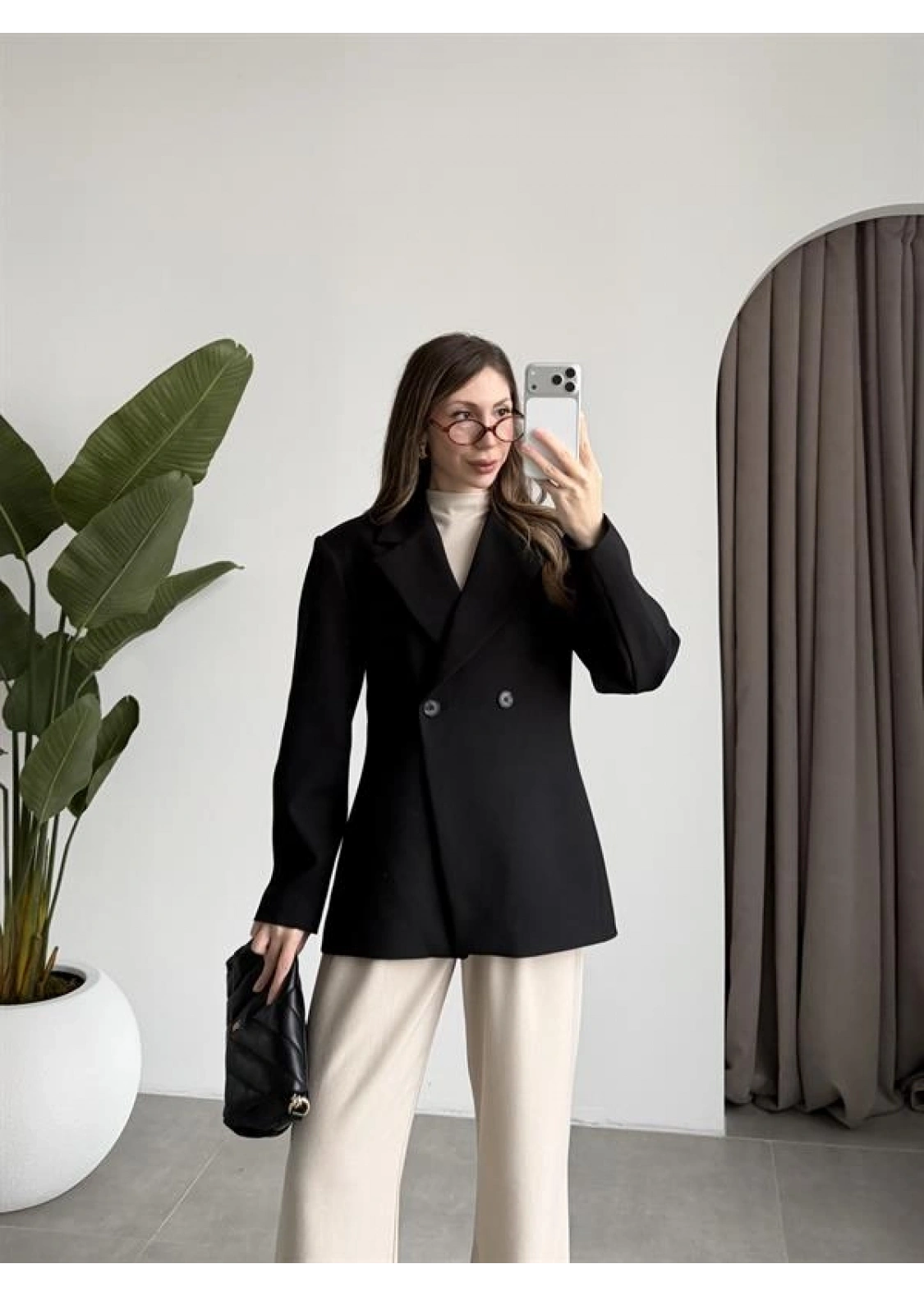 Belden Oturtmalı Kruvaze Astarlı Siyah Blazer Ceket