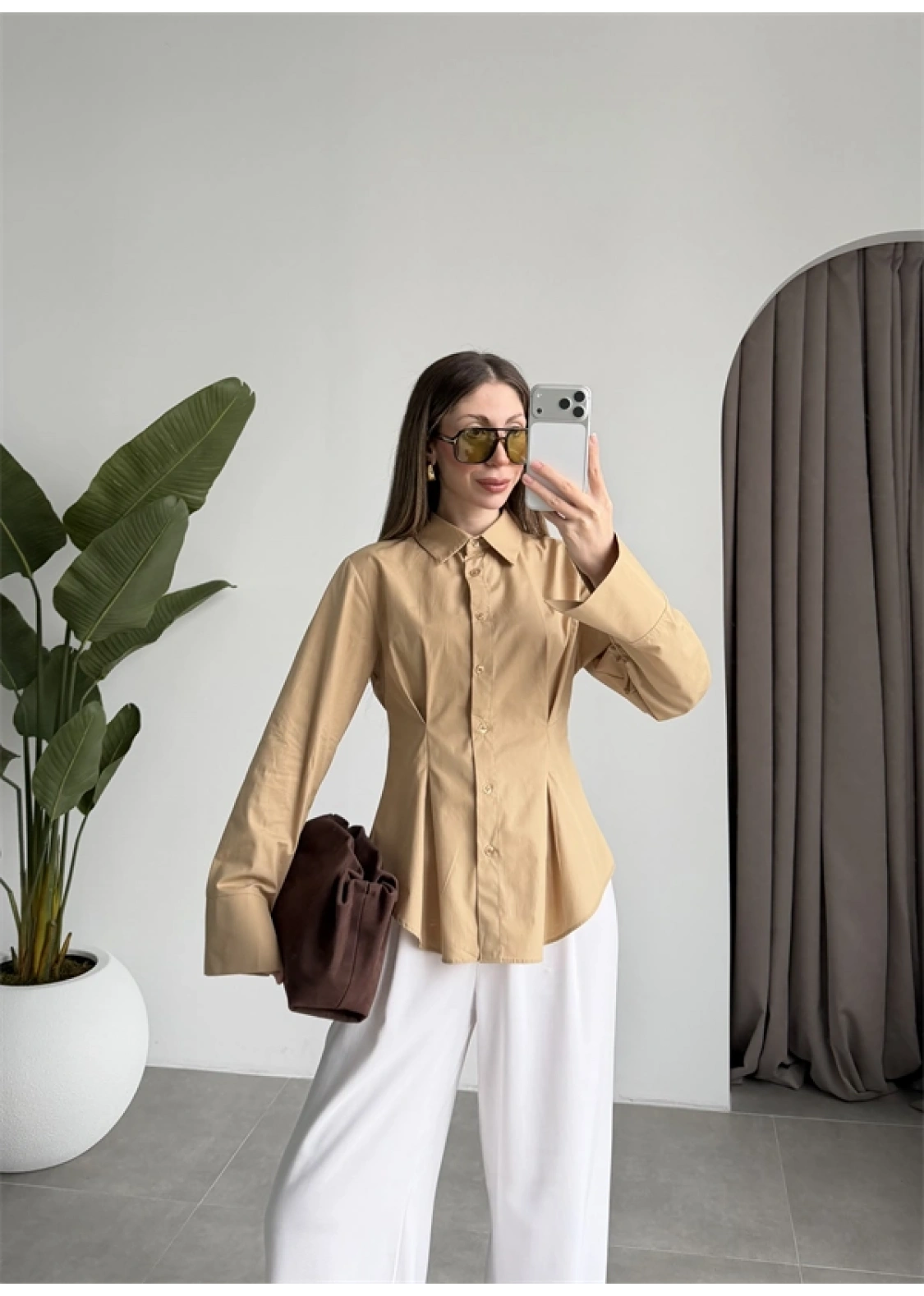 Belden Oturtmalı Pilili Camel Poplin Gömlek