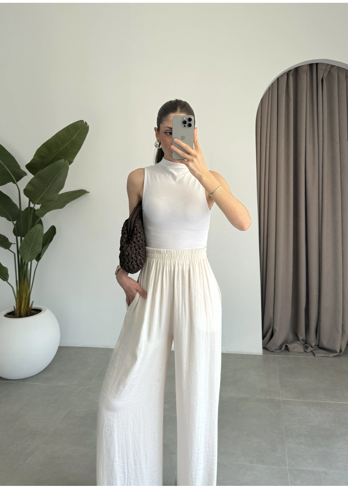 Beli Lastikli Ekru Tiril Pantolon