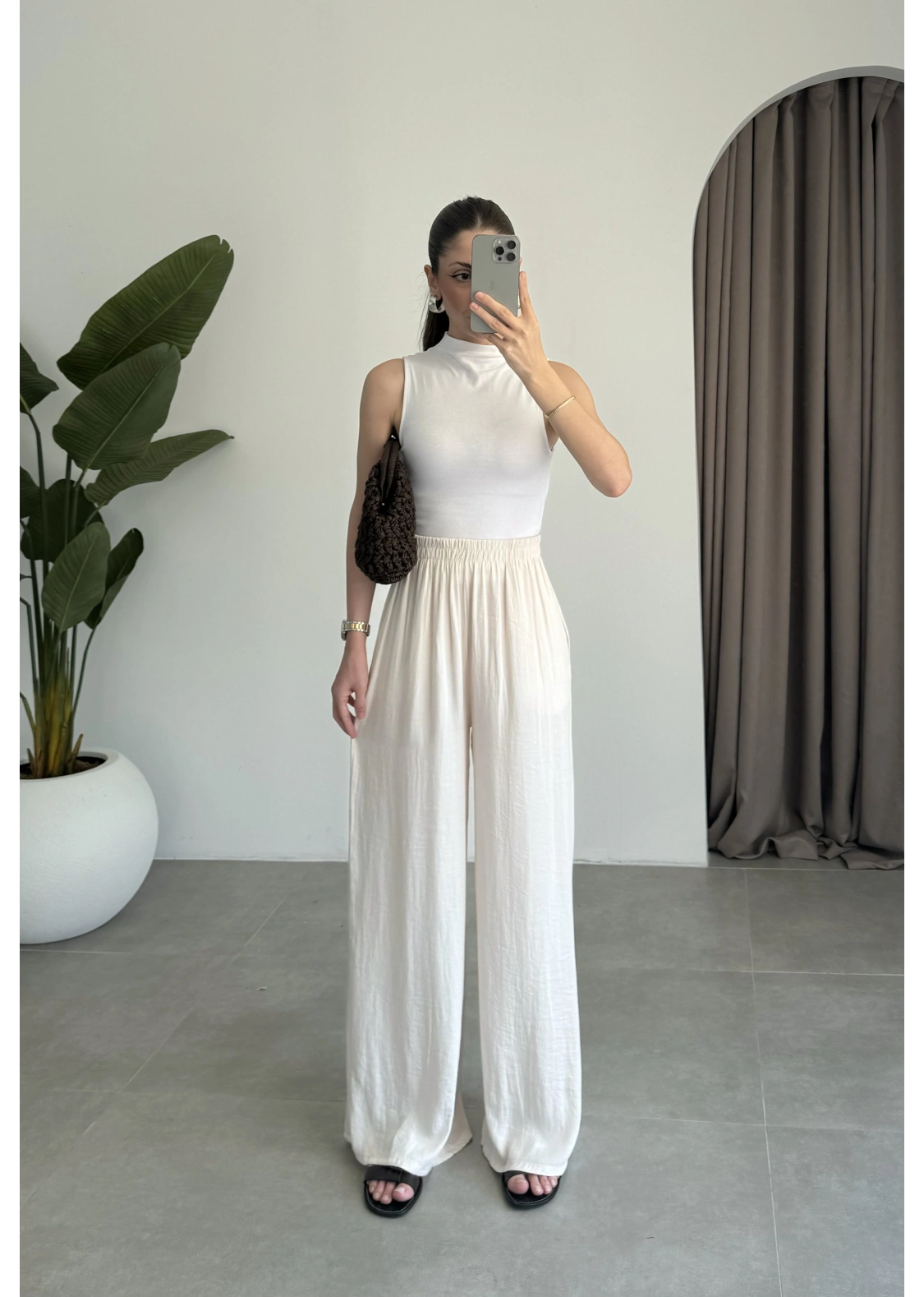 Beli Lastikli Ekru Tiril Pantolon