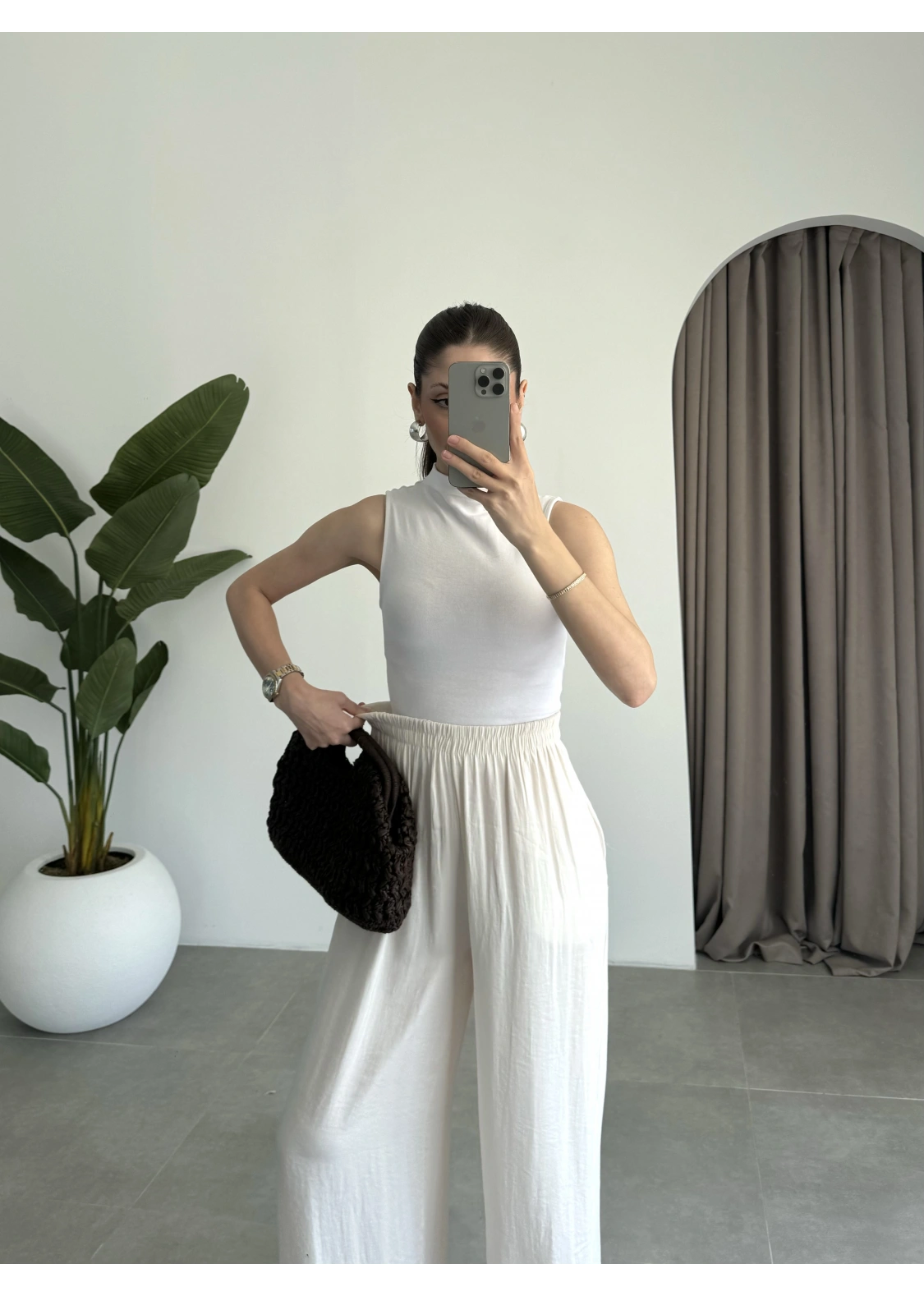 Beli Lastikli Ekru Tiril Pantolon