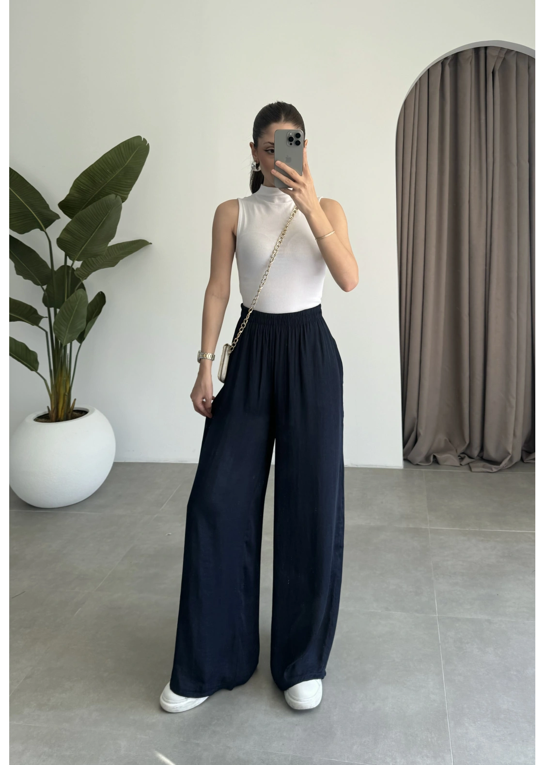 Beli Lastikli Lacivert Tiril Pantolon