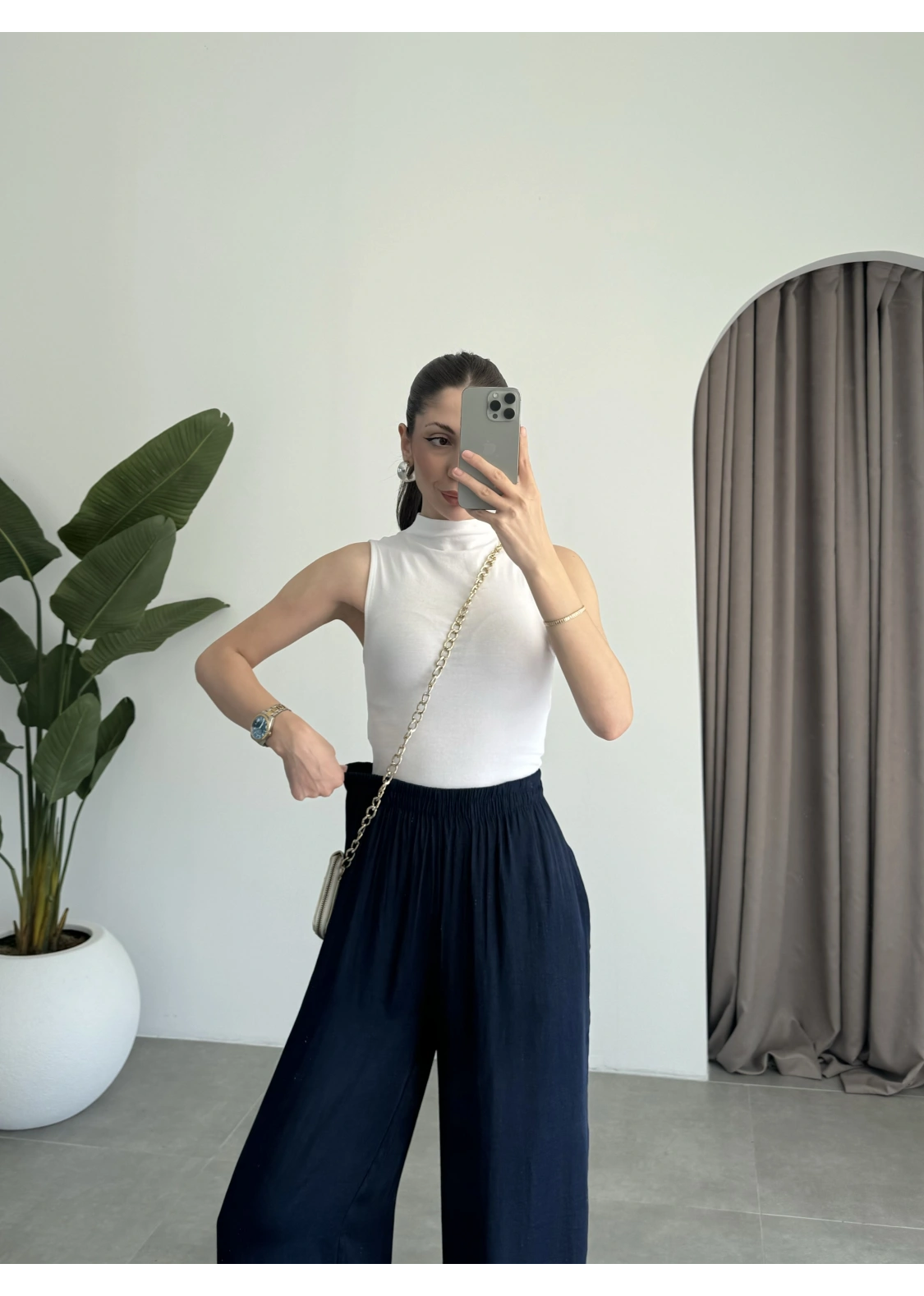 Beli Lastikli Lacivert Tiril Pantolon