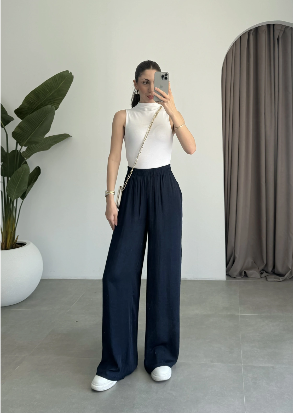 Beli Lastikli Lacivert Tiril Pantolon