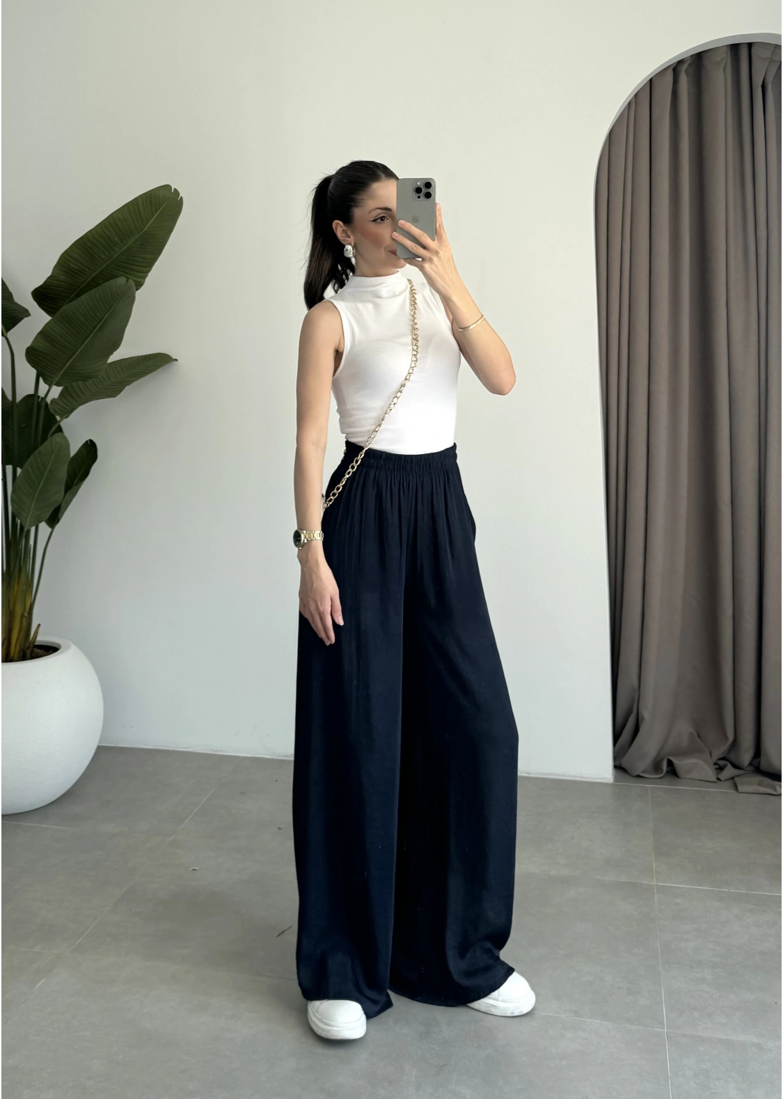 Beli Lastikli Lacivert Tiril Pantolon