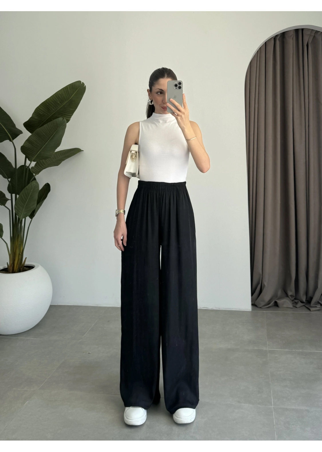 Beli Lastikli Siyah Tiril Pantolon