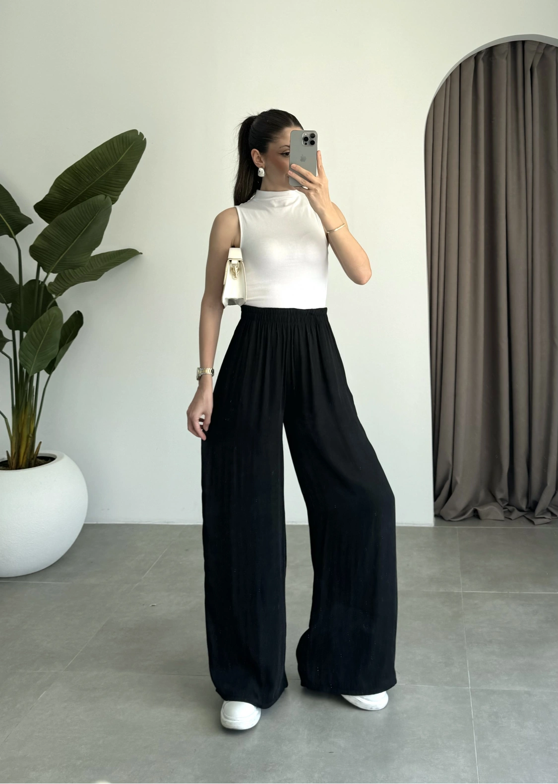 Beli Lastikli Siyah Tiril Pantolon