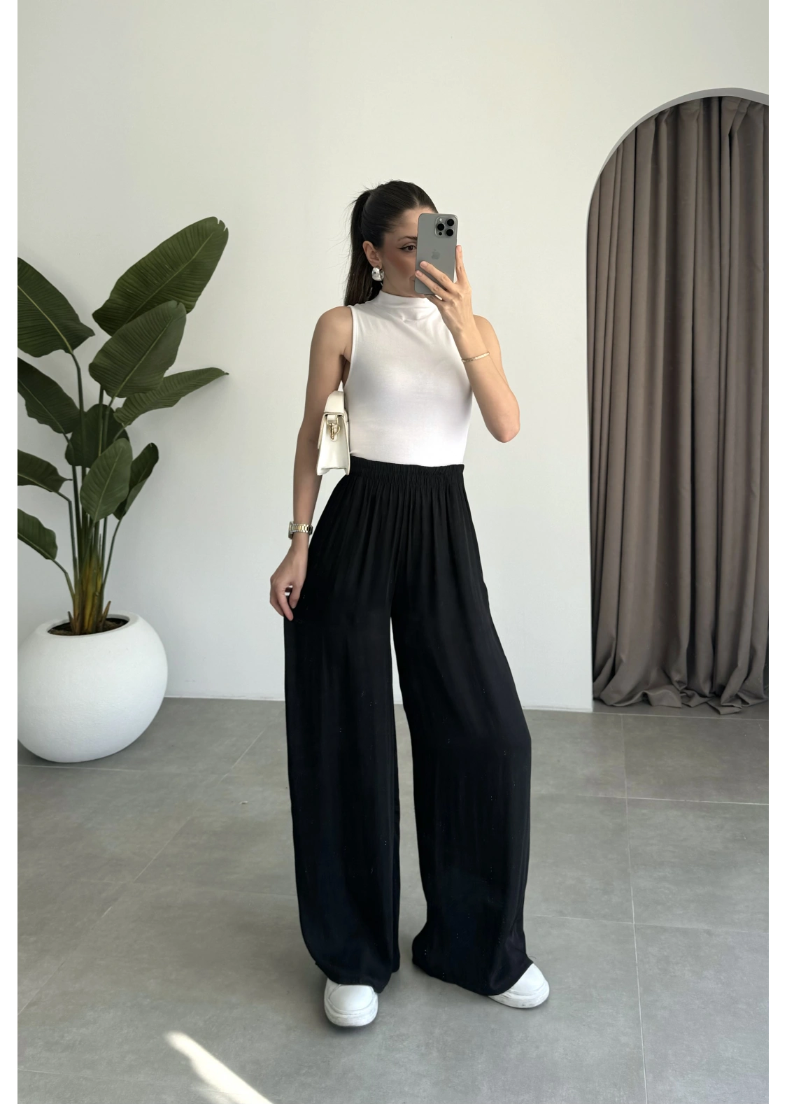 Beli Lastikli Siyah Tiril Pantolon