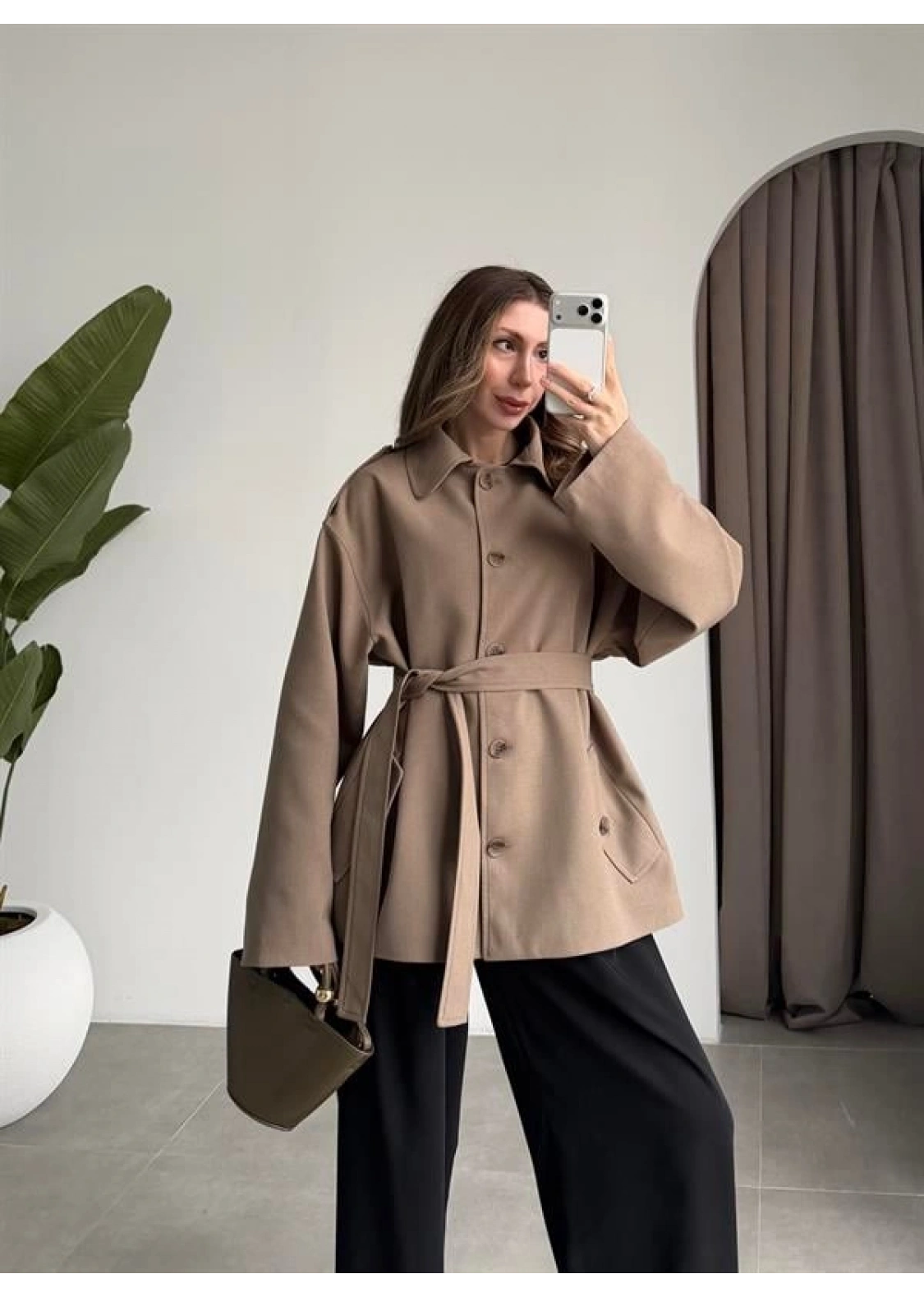 Bella Kuşaklı Astarlı Premium Haki Trençkot