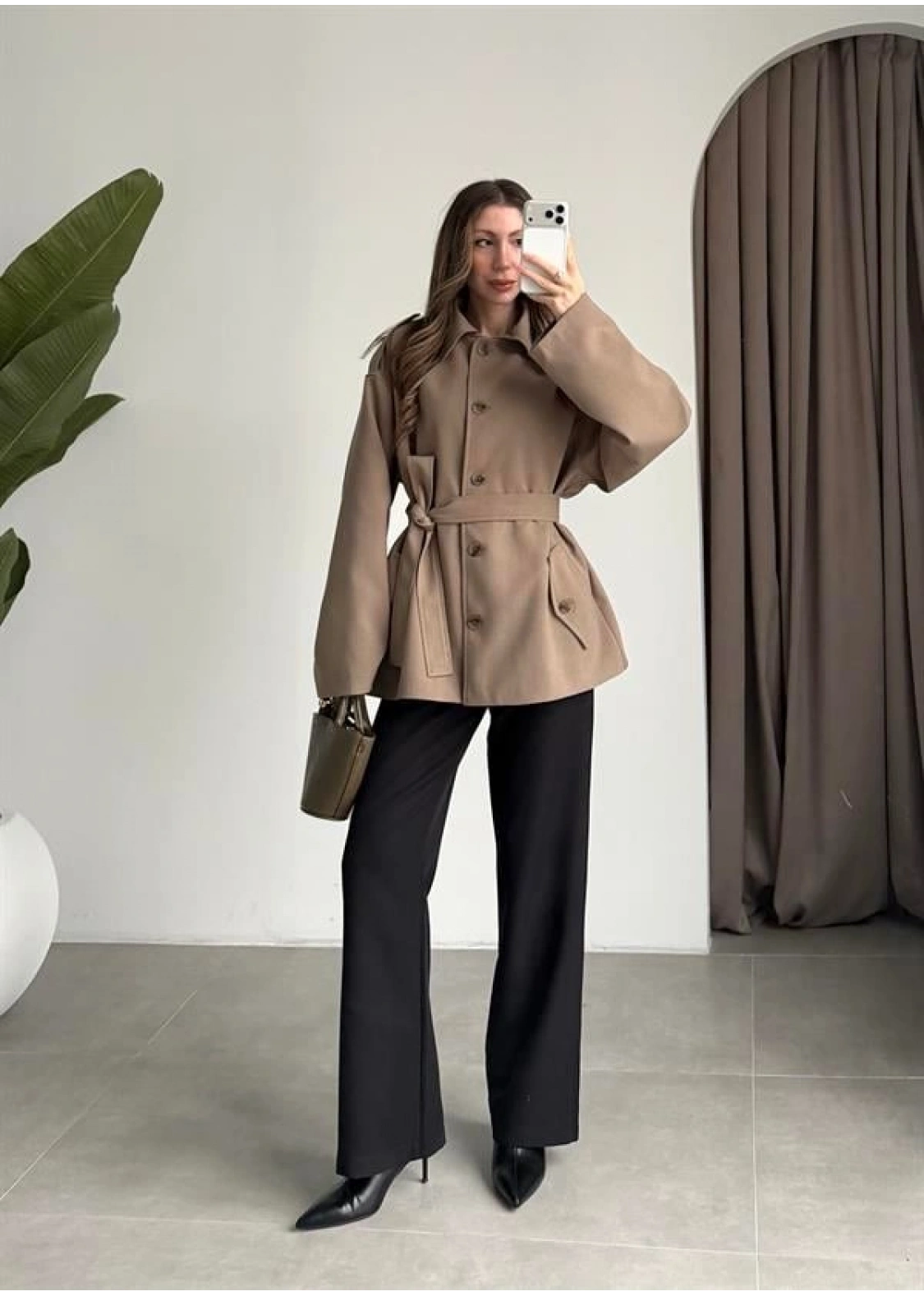 Bella Kuşaklı Astarlı Premium Haki Trençkot