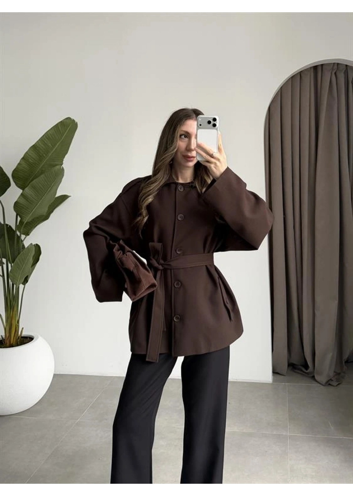 Bella Kuşaklı Astarlı Premium Kahve Trençkot