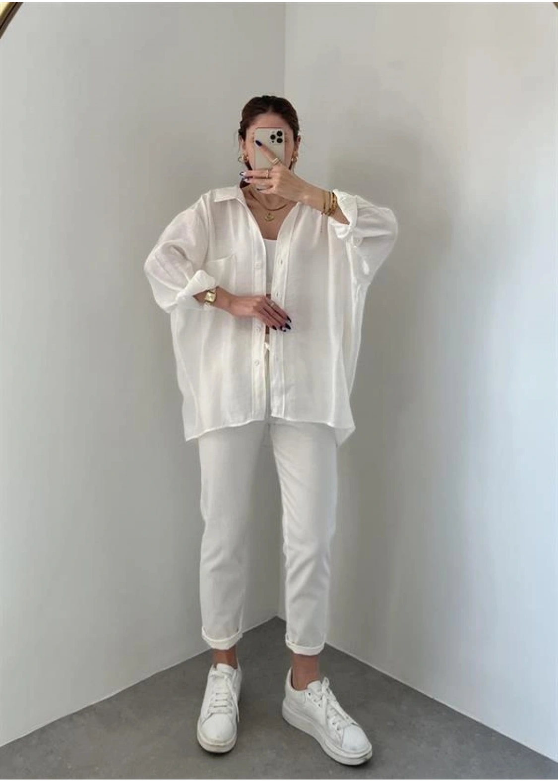 Beyaz Oversize Tensel Gömlek