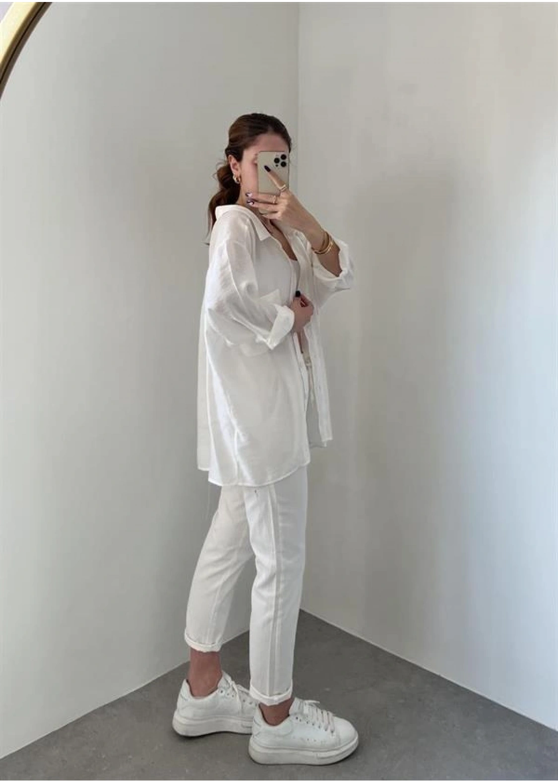 Beyaz Oversize Tensel Gömlek