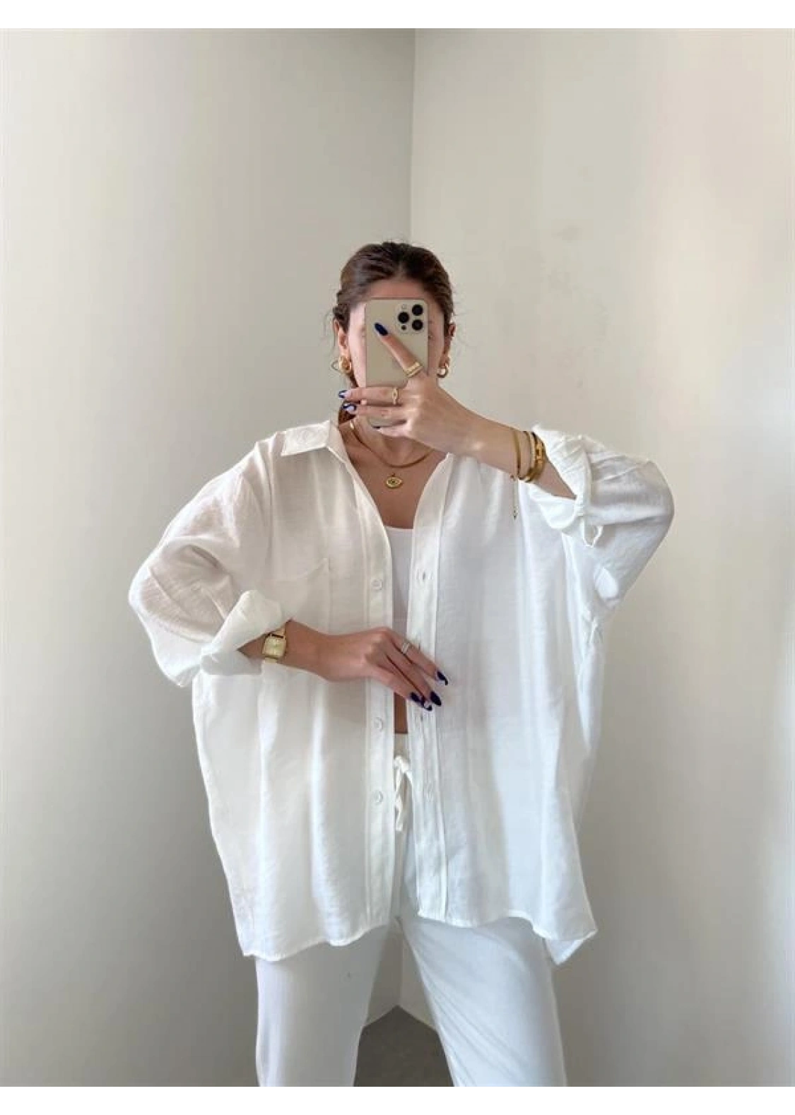 Beyaz Oversize Tensel Gömlek