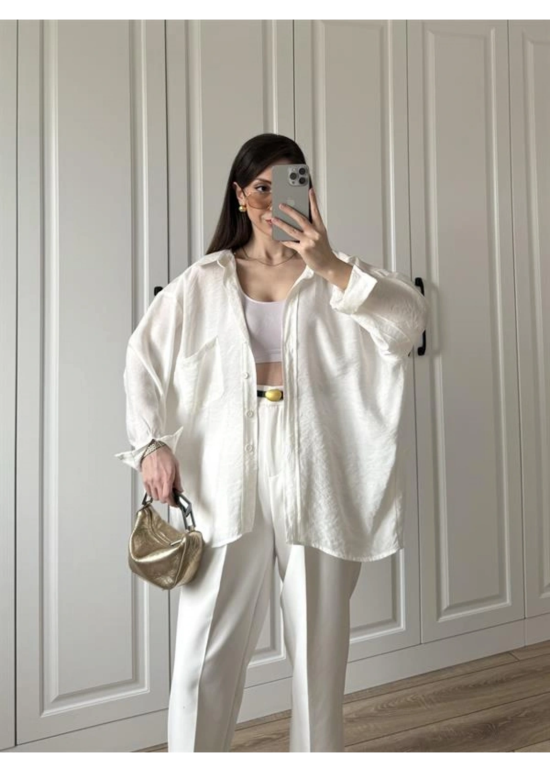 Beyaz Oversize Tensel Gömlek