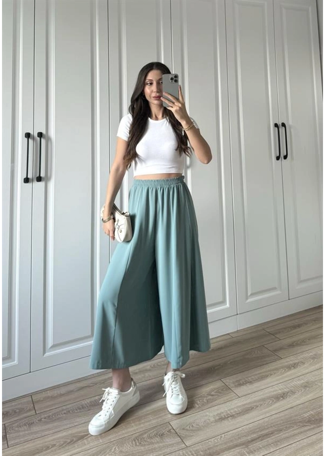 Bilek Boy Geniş Paça Mint Yeşili Pantolon