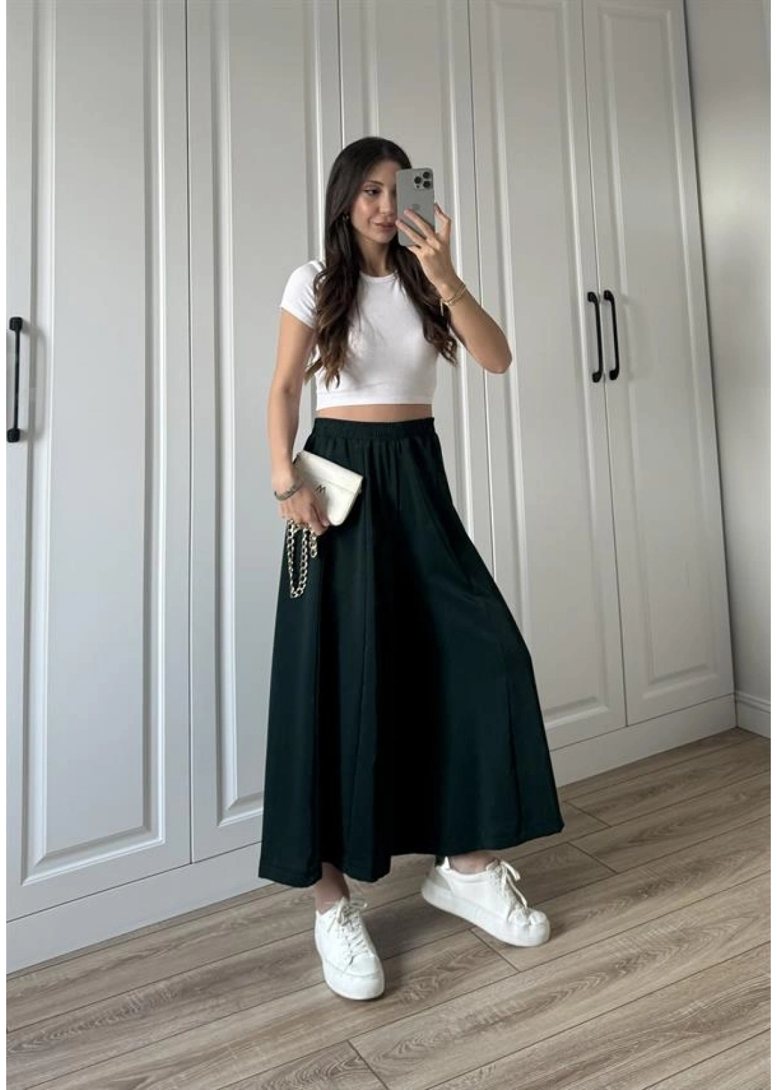 Bilek Boy Geniş Paça Zümrüt Yeşili Pantolon