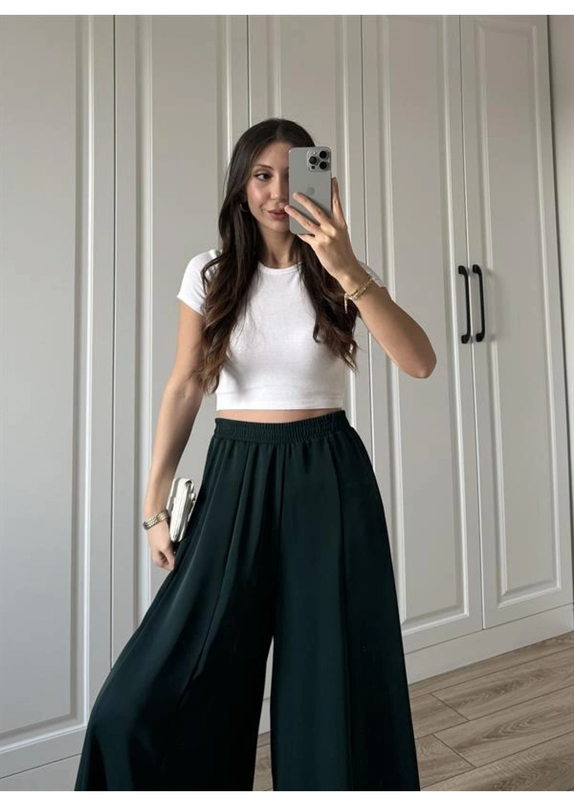 Bilek Boy Geniş Paça Zümrüt Yeşili Pantolon