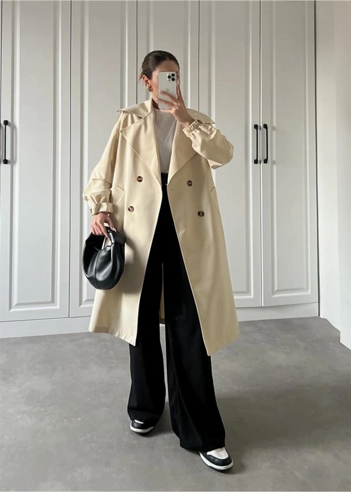 Bilek Detaylı Oversize Kuşaklı Taş Trençkot