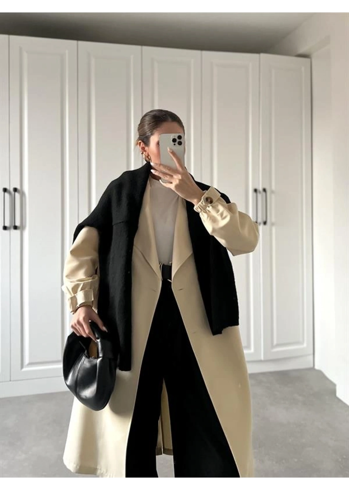 Bilek Detaylı Oversize Kuşaklı Taş Trençkot