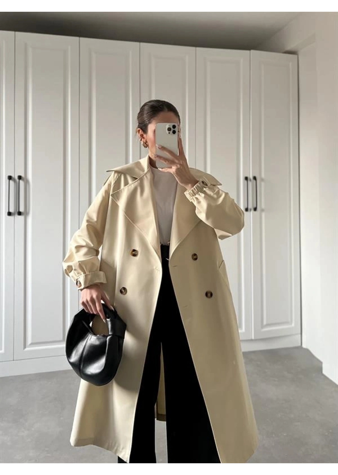 Bilek Detaylı Oversize Kuşaklı Taş Trençkot