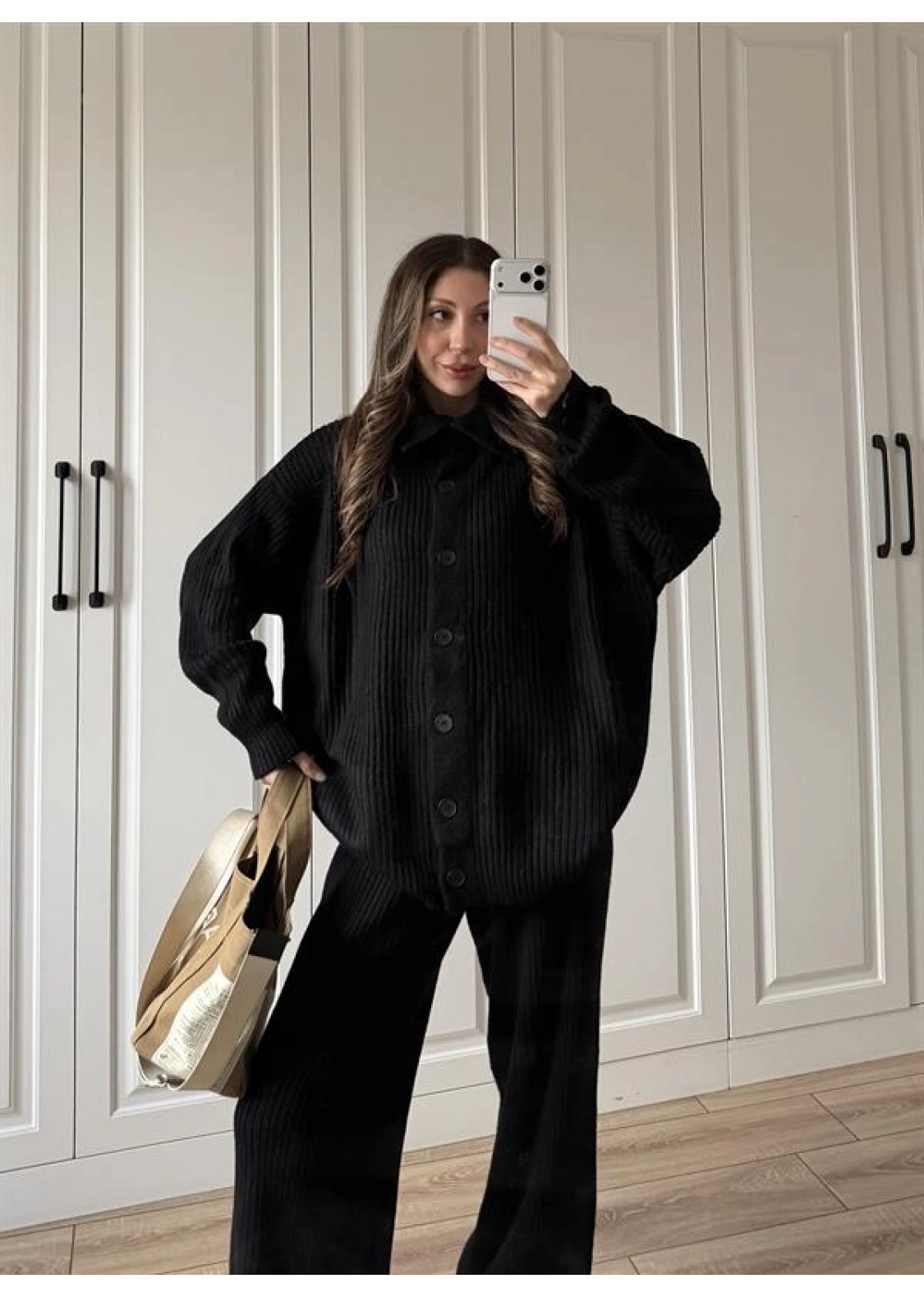 Boğazlı Oversize Siyah Triko Hırka Takım