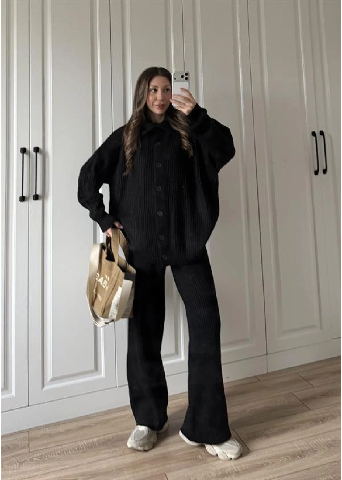 Boğazlı Oversize Siyah Triko Hırka Takım