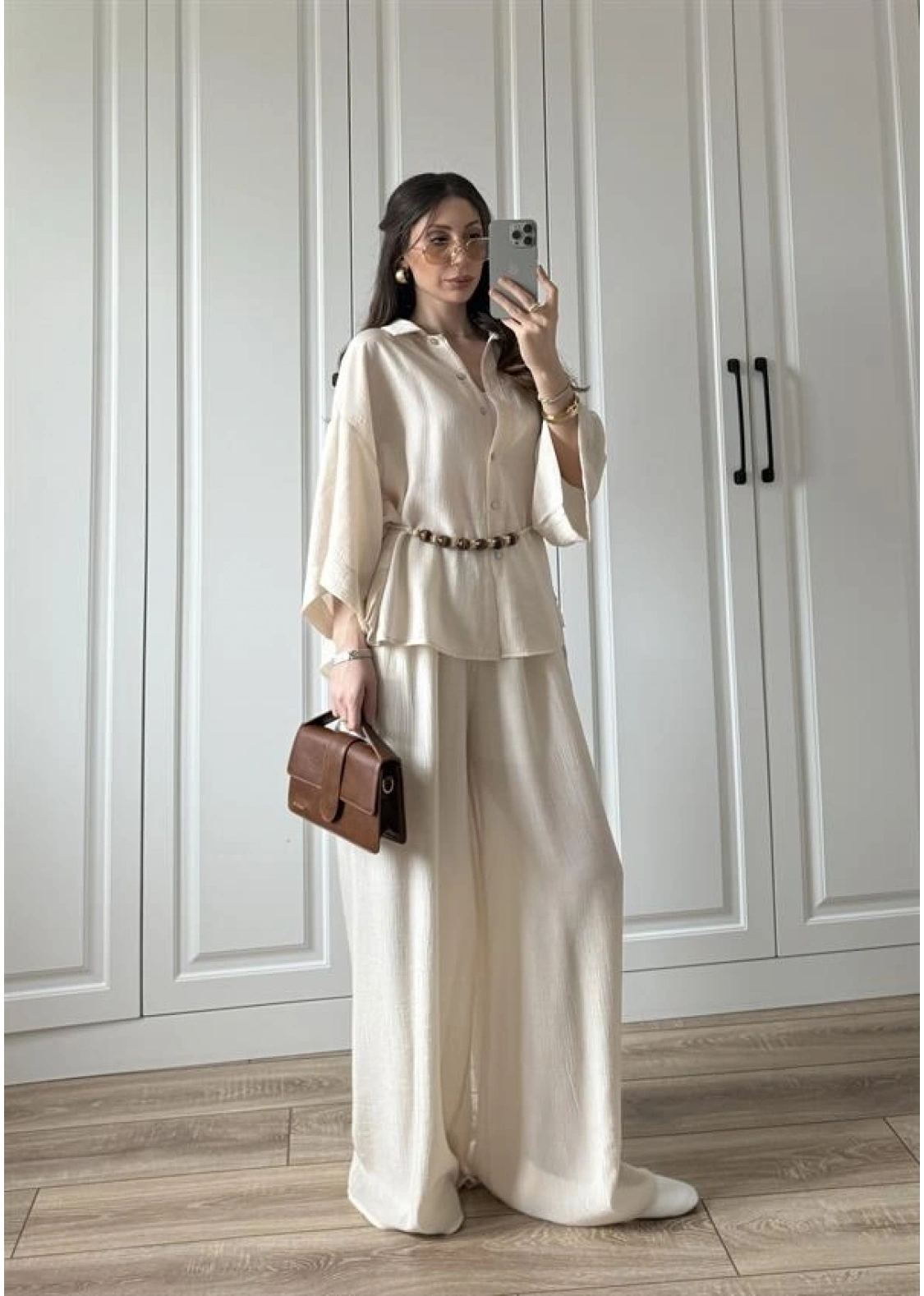 Bohem Kemerli Krinkıl Krem Oversize Takım