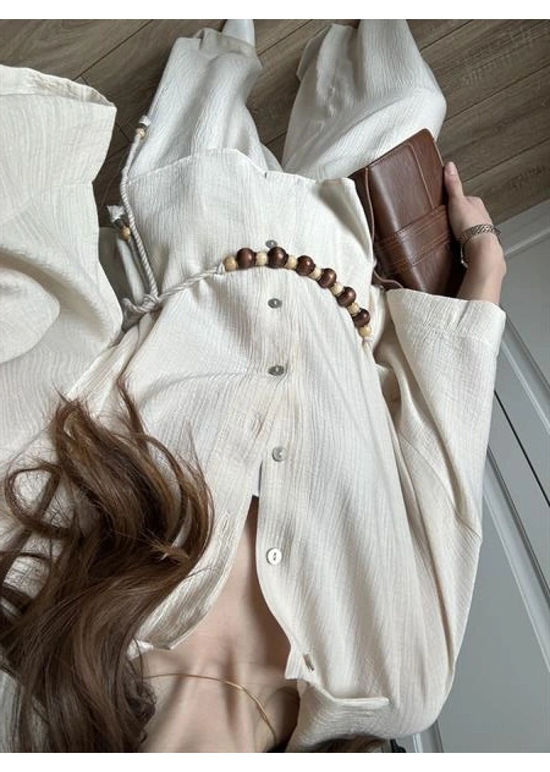 Bohem Kemerli Krinkıl Krem Oversize Takım