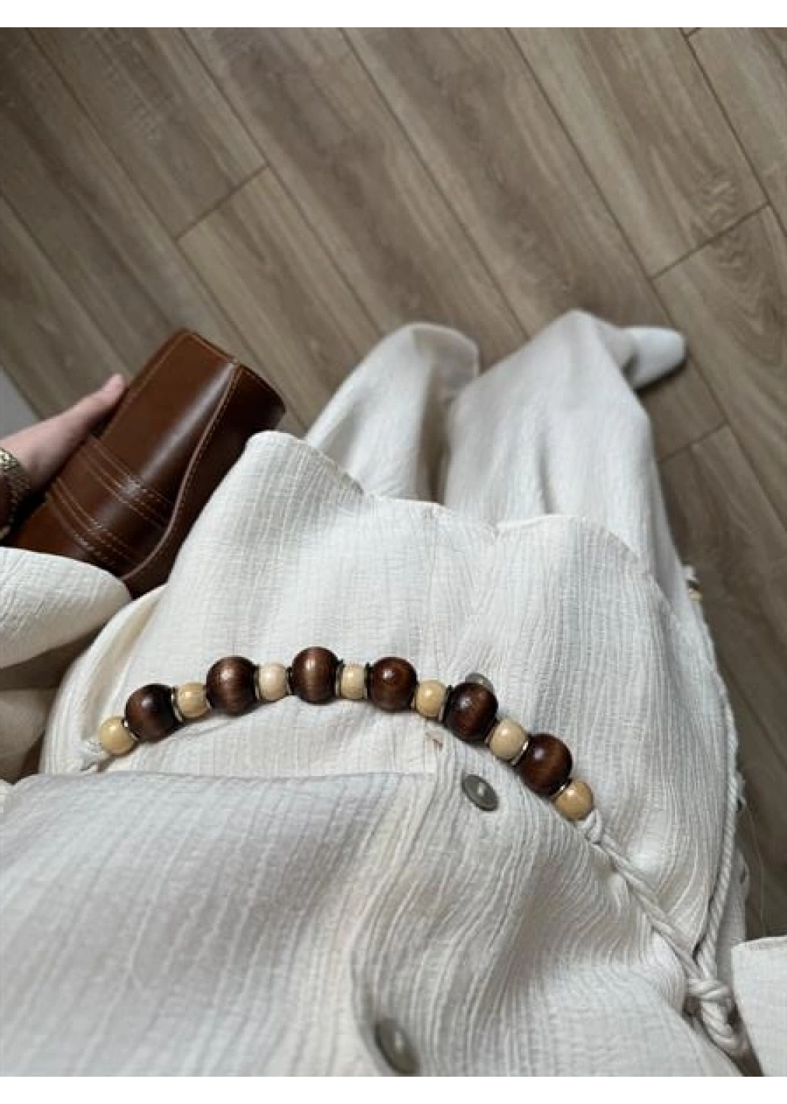 Bohem Kemerli Krinkıl Krem Oversize Takım
