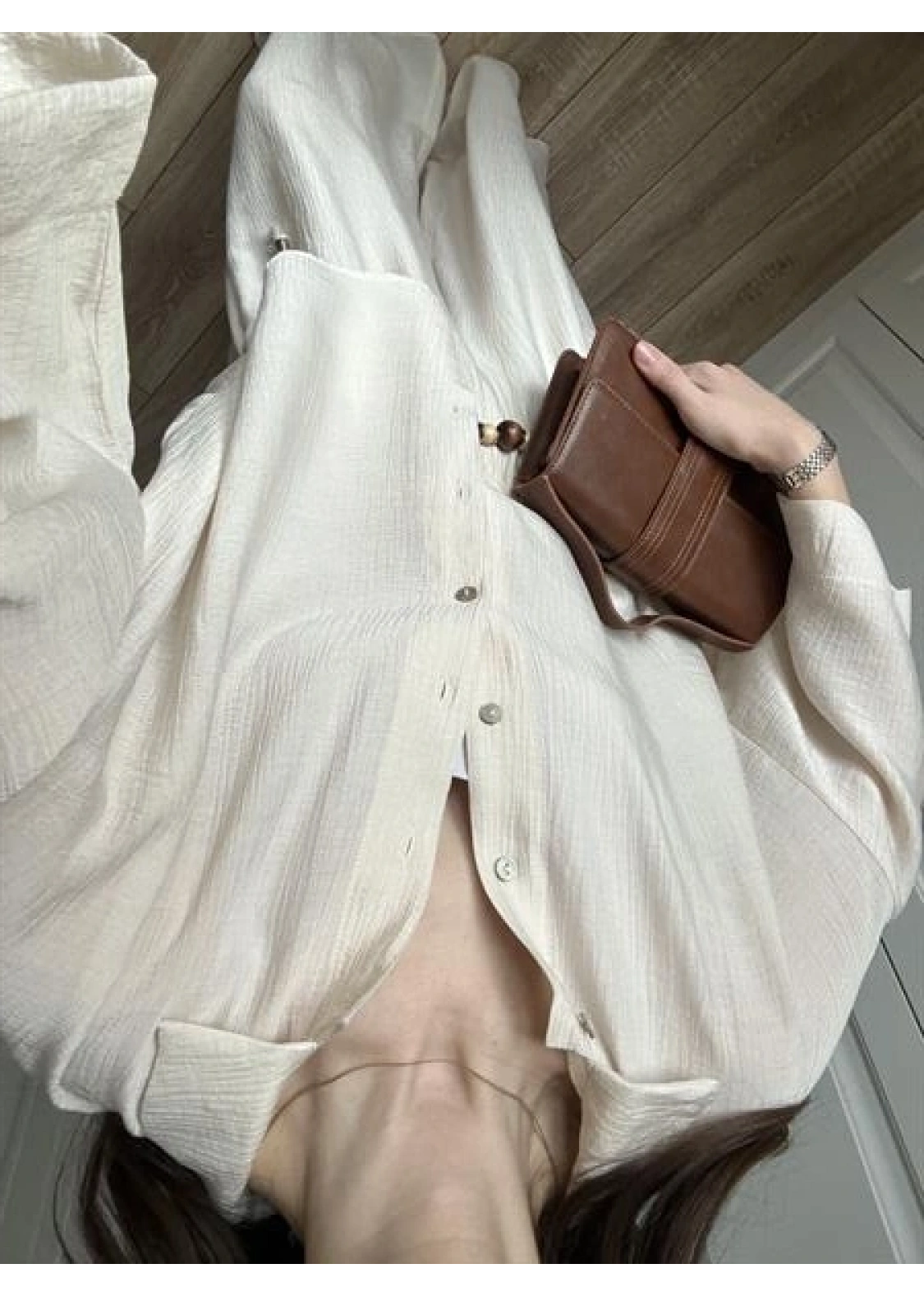 Bohem Kemerli Krinkıl Krem Oversize Takım